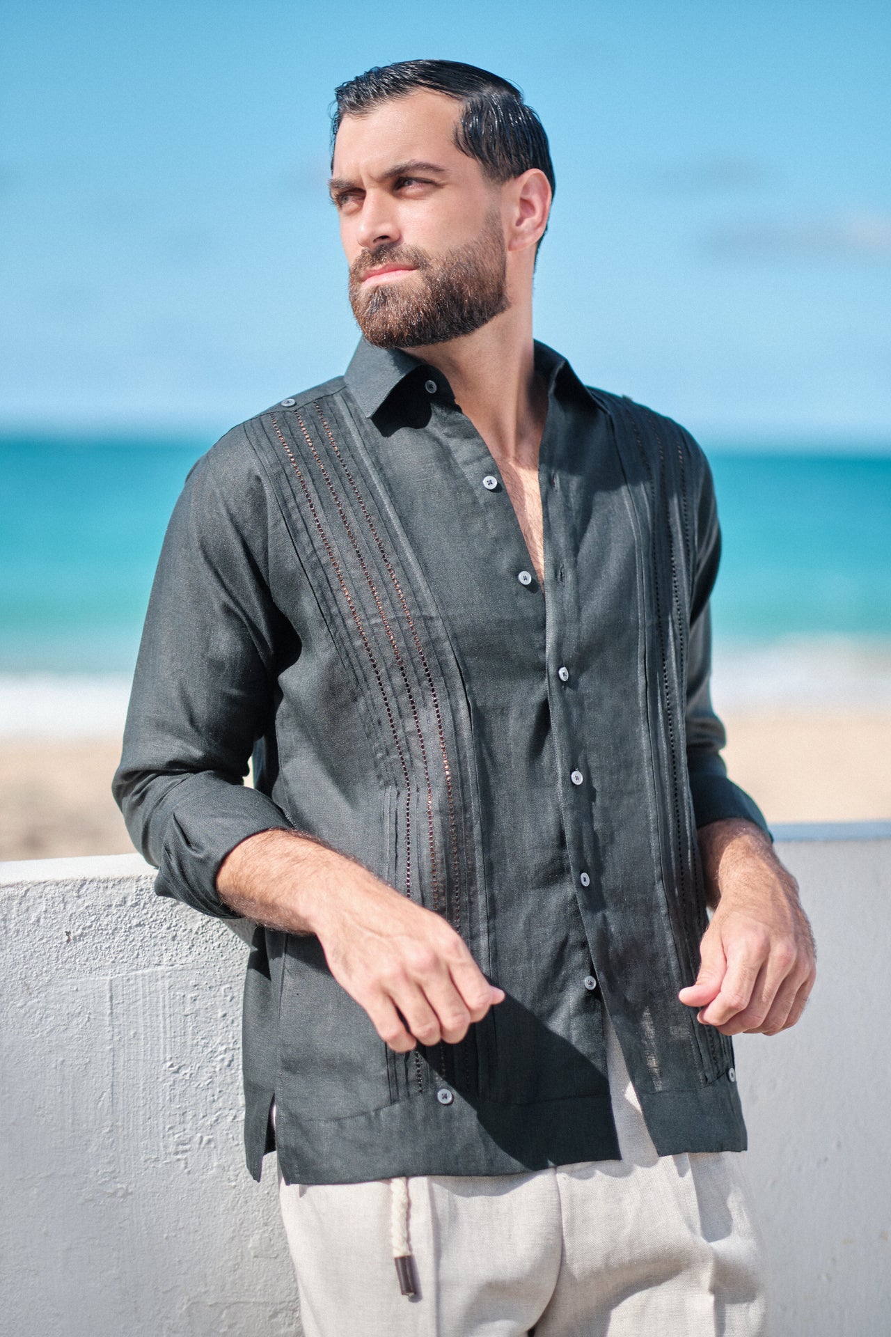 San Miguel Long Sleeve Guayabera Shirt, 100% Italian Linen shirt, classic Latin-inspired shirt, white guayabera with embroidery, embroidered guayabera, elegant long sleeve shirt, breathable linen guayabera, versatile guayabera shirt, sophisticated guayabera design