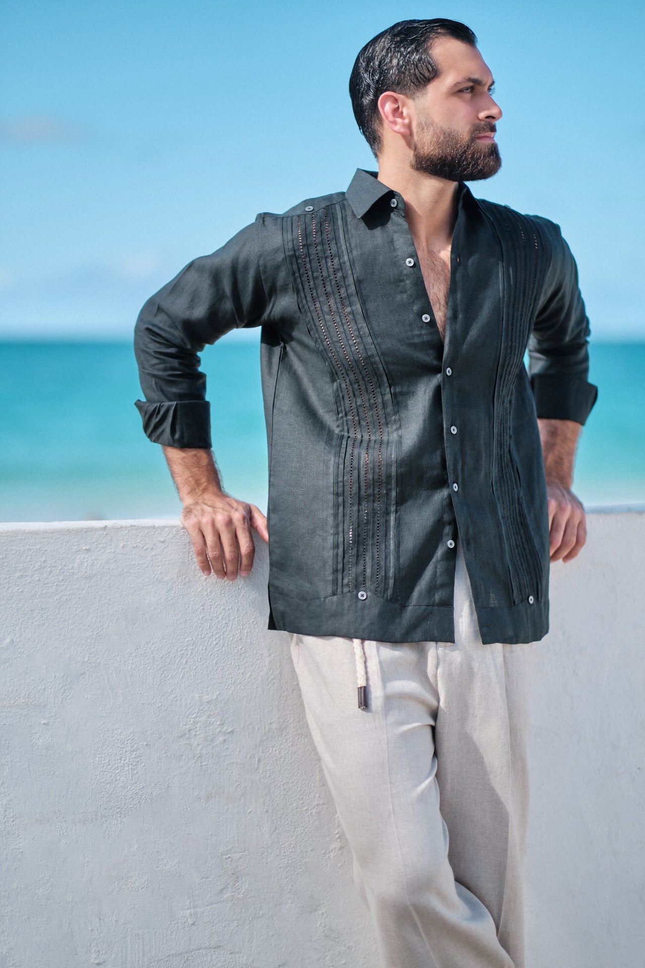 San Miguel Long Sleeve Guayabera Shirt, 100% Italian Linen shirt, classic Latin-inspired shirt, white guayabera with embroidery, embroidered guayabera, elegant long sleeve shirt, breathable linen guayabera, versatile guayabera shirt, sophisticated guayabera design
