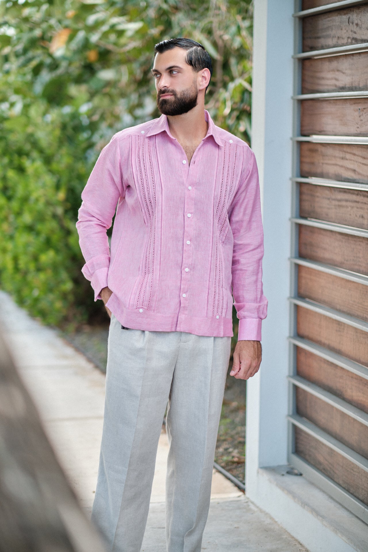 San Miguel Long Sleeve Guayabera Shirt, 100% Italian Linen shirt, classic Latin-inspired shirt, white guayabera with embroidery, embroidered guayabera, elegant long sleeve shirt, breathable linen guayabera, versatile guayabera shirt, sophisticated guayabera design