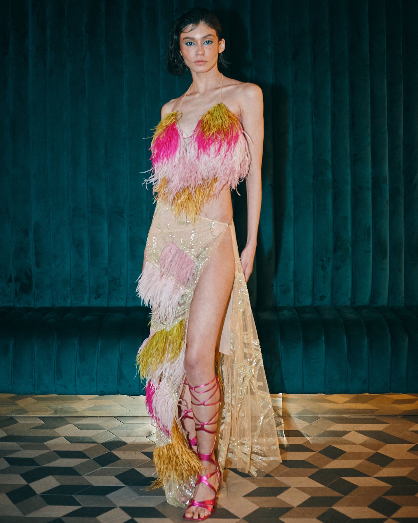 Color-block Ostrich Feathers Cropped Top and Maxi Skirt Set - Pura Stella
