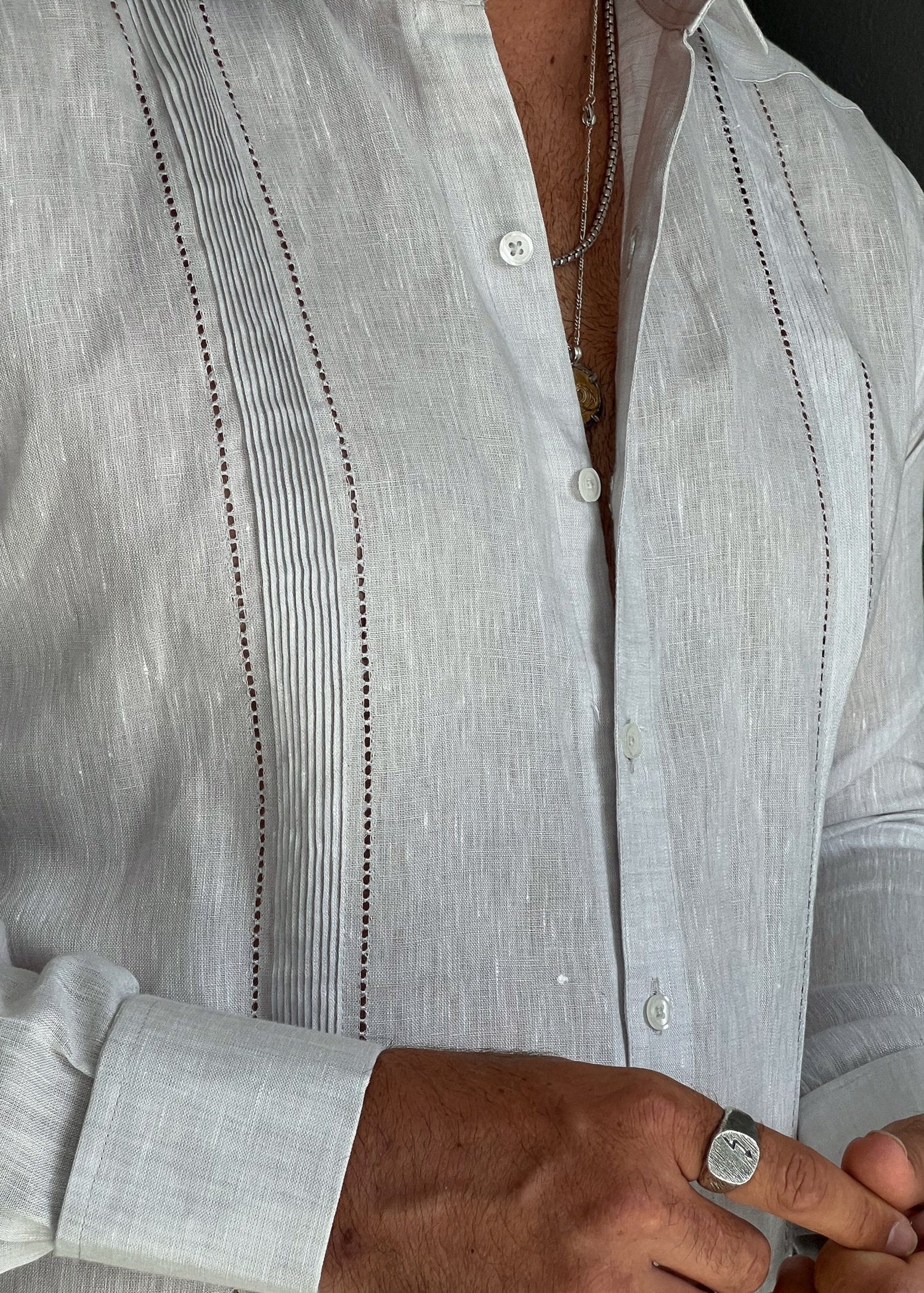 Blok Light Grey Long Sleeve Guayabera Shirt