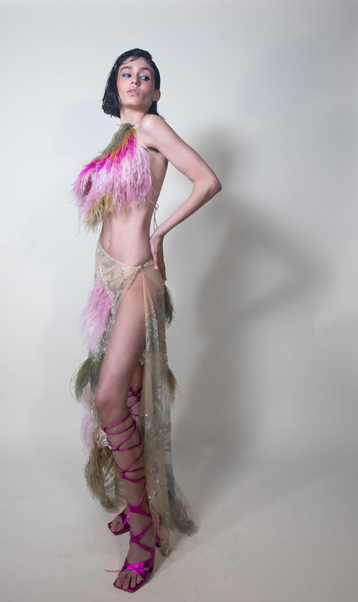 Color-block Ostrich Feathers Cropped Top and Maxi Skirt Set - Pura Stella