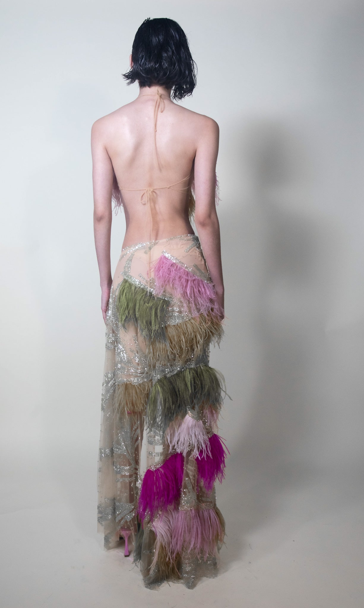 Color-block Ostrich Feathers Cropped Top and Maxi Skirt Set - Pura Stella