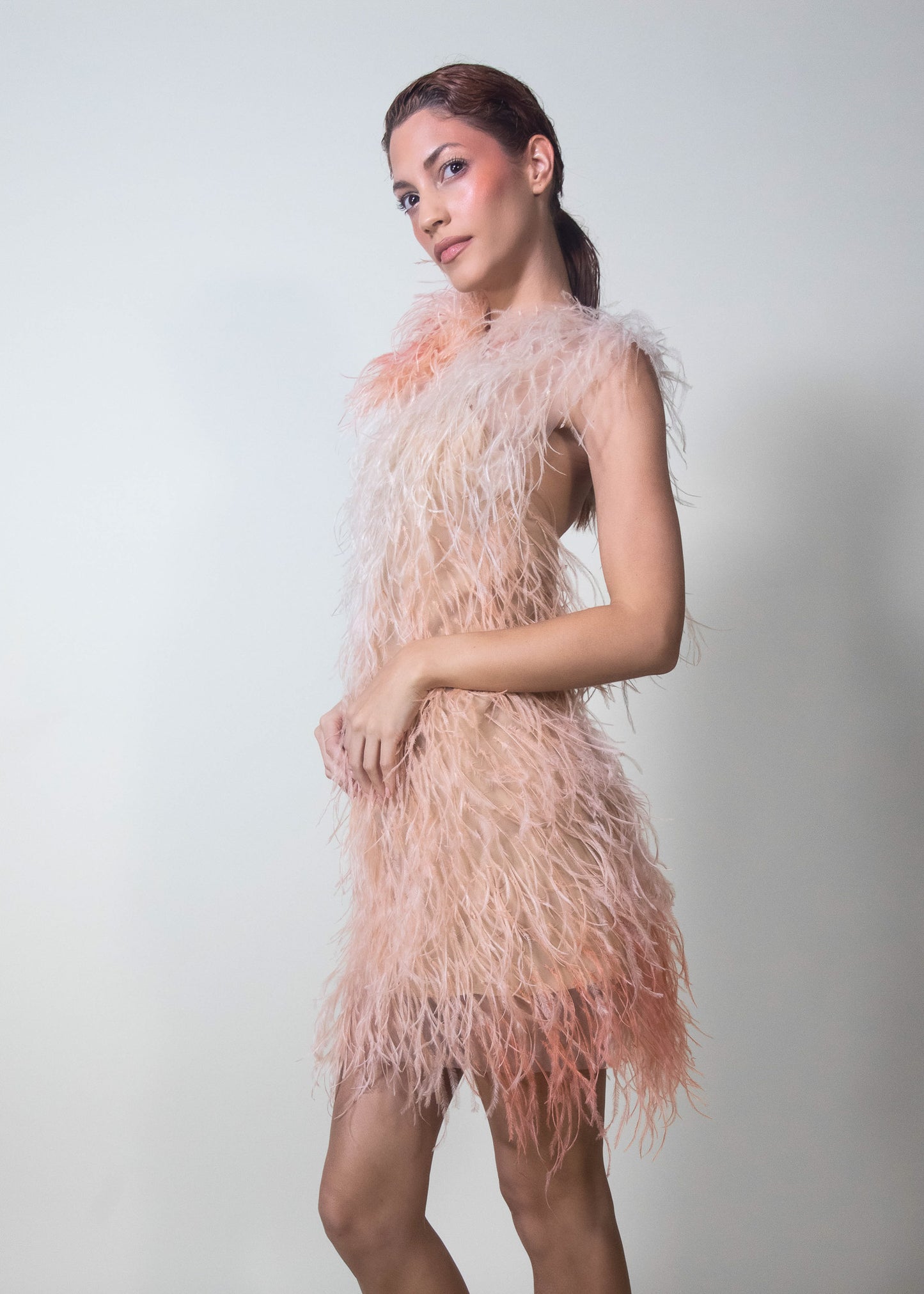 Pinks & Corals Ostrich Feathers Dress - Pura Stella