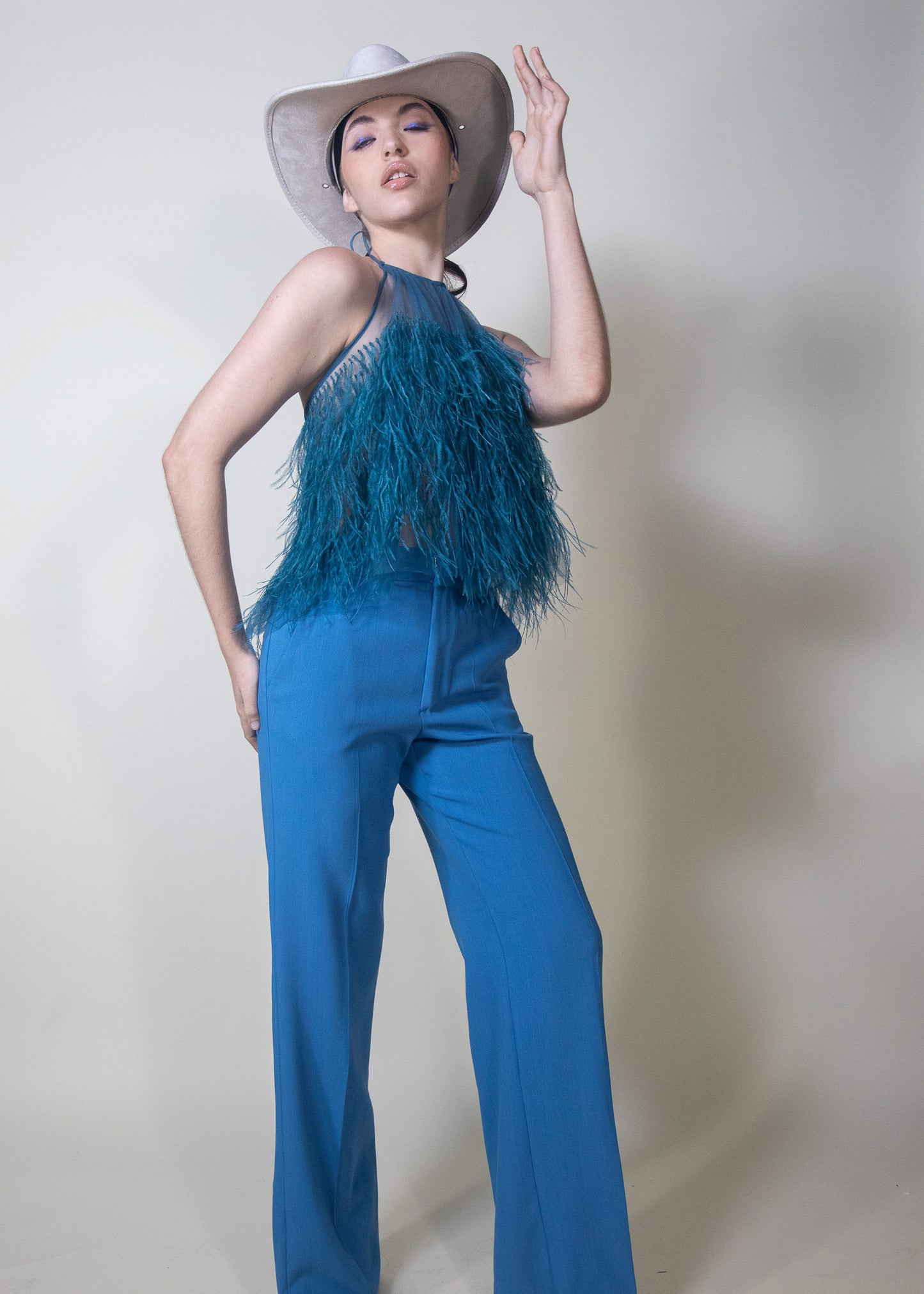 Look 11 - Limited Indigo Ostrich Feathers Top - Pura Stella