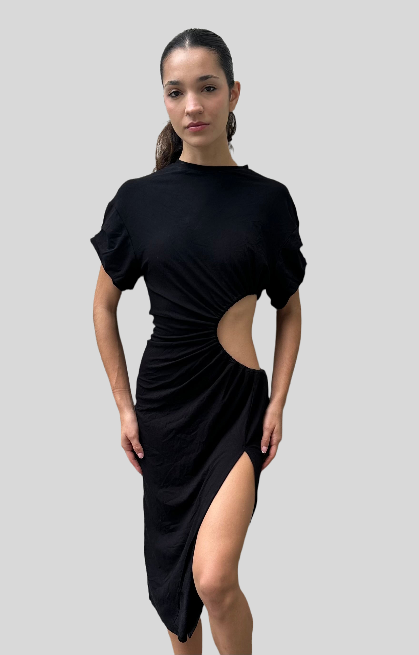 chic midi dress, ruched short sleeves dress, round neck midi dress, ruched side cut-out dress, soft cotton stretch jersey dress, double-lined jersey dress, sexy casual dress, flattering midi dress, comfortable chic dress, versatile casual dress