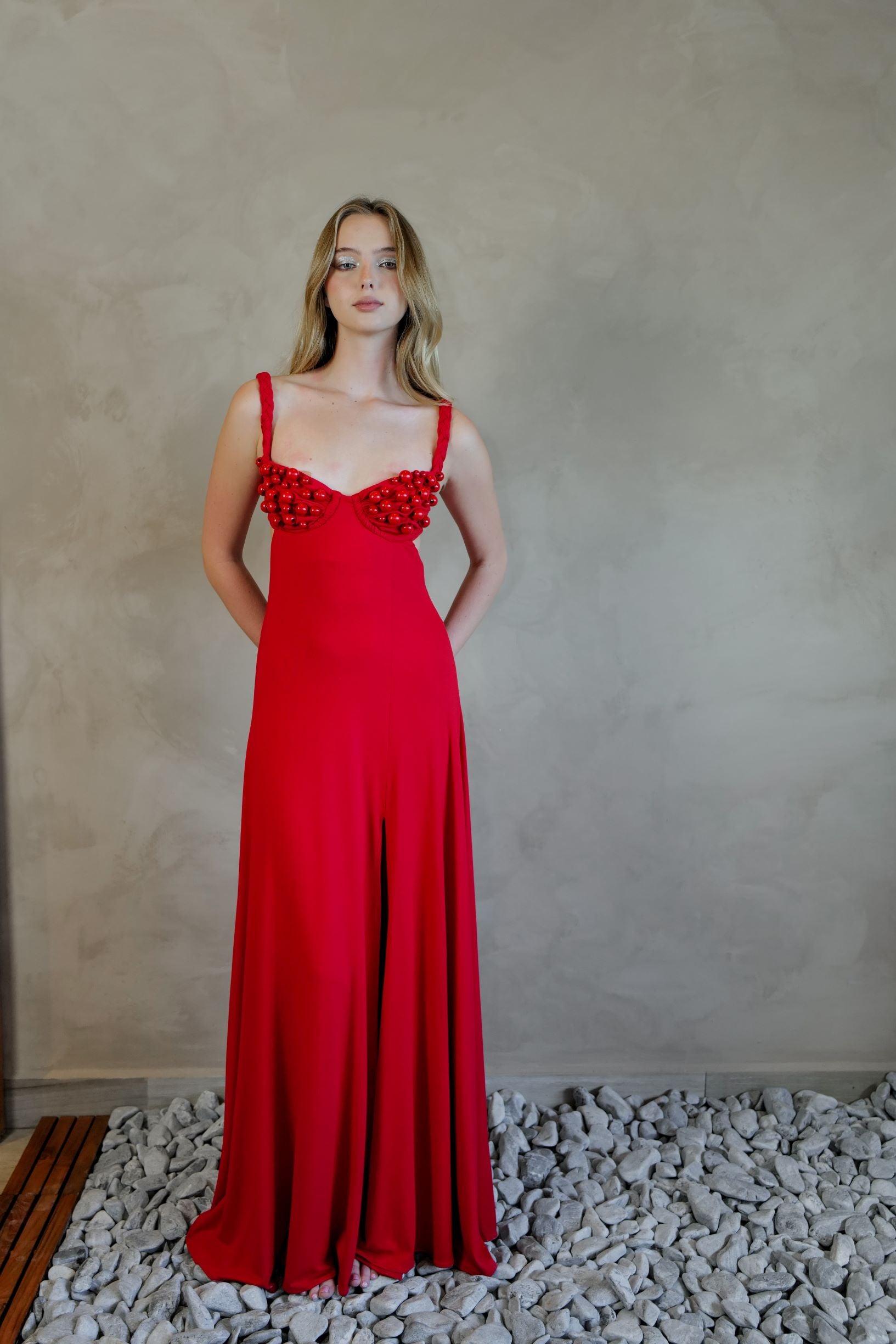 red gown, braided straps gown, soft cotton jersey dress, underwired bust gown, adjustable back gown, beaded cups dress, incorporated bodysuit gown, dramatic leg slit dress, elegant evening gown, special occasion gown, flowy skirt gown, comfortable luxury dress