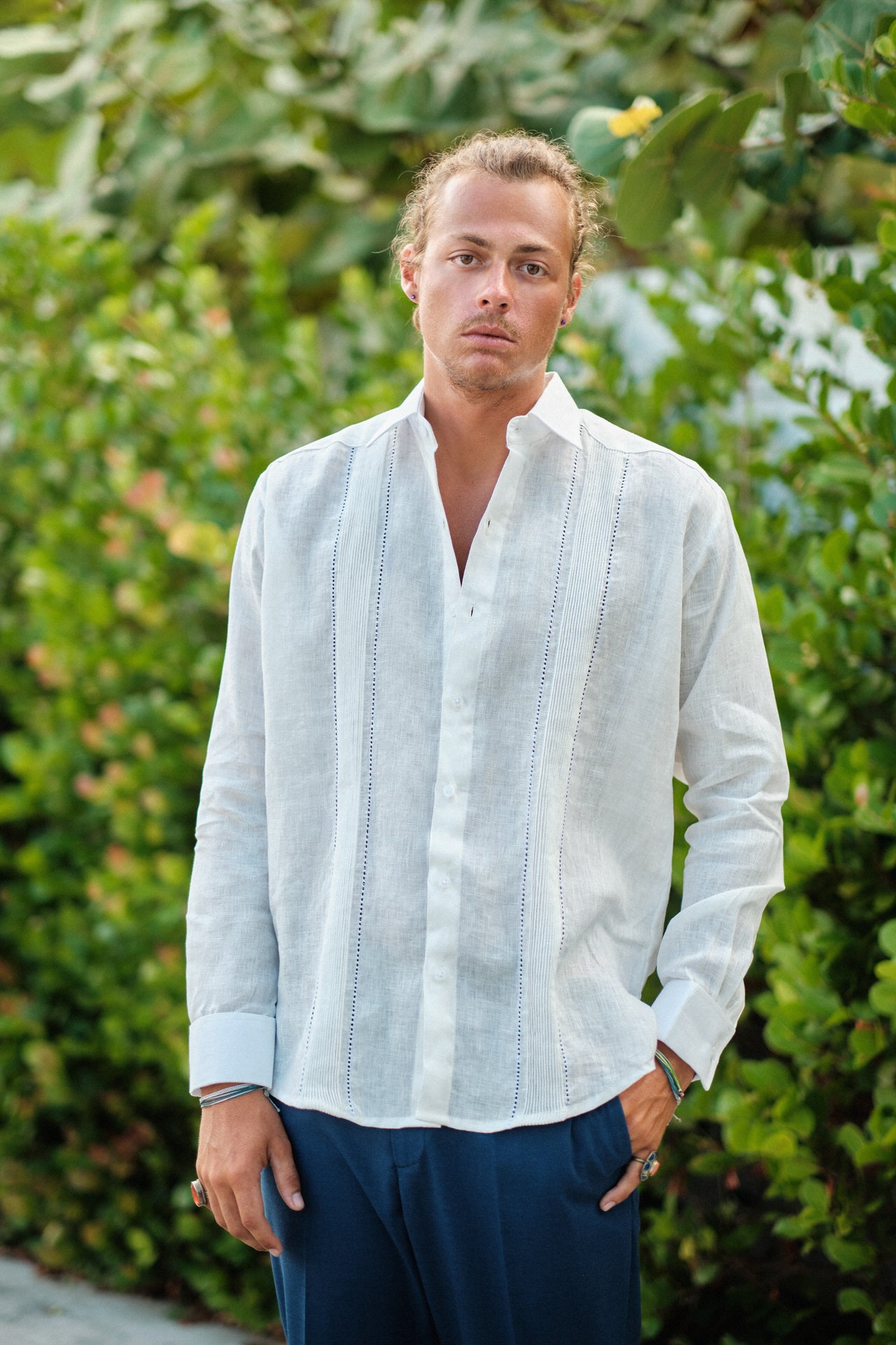 San Miguel Long Sleeve Guayabera Shirt, 100% Italian Linen shirt, classic Latin-inspired shirt, white guayabera with embroidery, embroidered guayabera, elegant long sleeve shirt, breathable linen guayabera, versatile guayabera shirt, sophisticated guayabera design