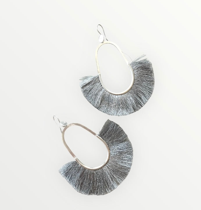 Lune Raffia Earrings, Erika Pena Jewelry, Half-Moon Earrings, Structured Tassel Earrings, Playful Raffia Earrings, Designer Tassel Jewelry, Chic Raffia Accessories, Unique Statement Earrings, Elegant Raffia Tassels, Trendy Half-Moon Earrings