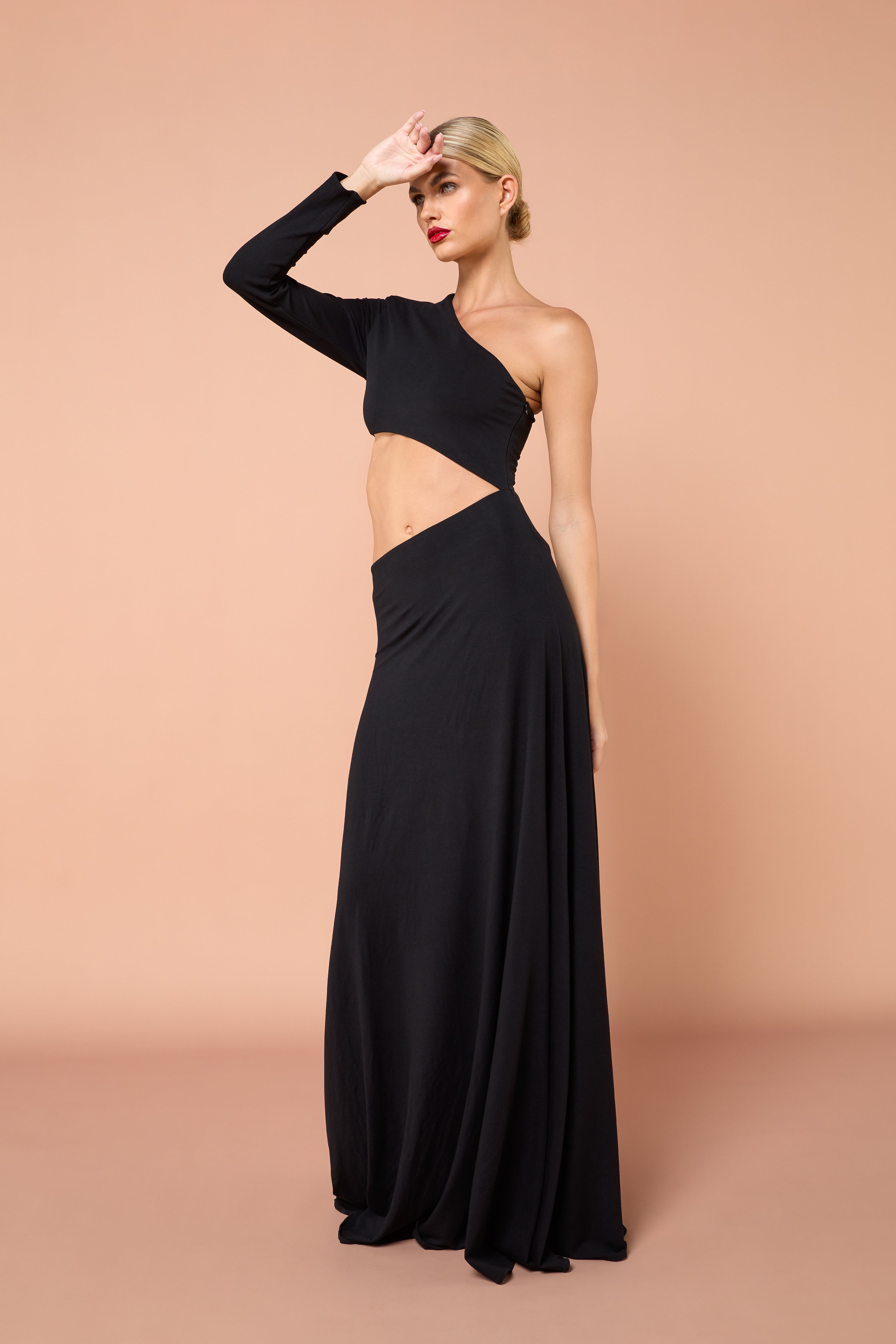 Sophisticated Dress, Asymmetric Sleeves Dress, Flared Skirt Dress, Fitted Top Dress, Fully Lined Dress, Premium Cotton Jersey Dress, 1" Shoulder Pad Dress, Elegant Asymmetric Dress, Chic Flared Dress, Modern Stylish Dress, Luxurious Cotton Dress, Contemporary Elegant Dress, Refined Dress