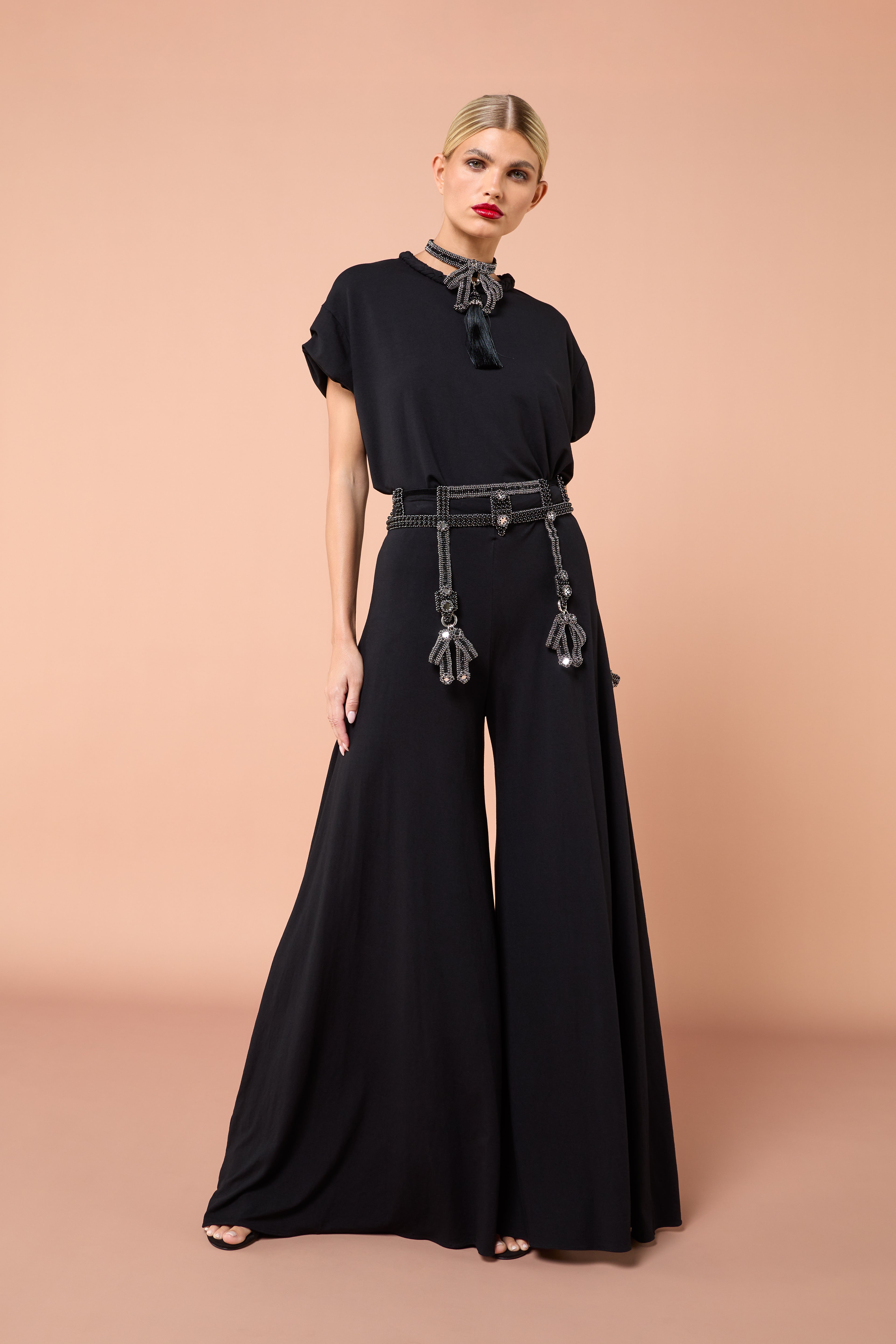 High-Waisted Palazzo Pants, Flared Legs, Chic Silhouette, Slimming Pants, Flattering Fit, Tucked-In Tee Outfit, Stylish Pants