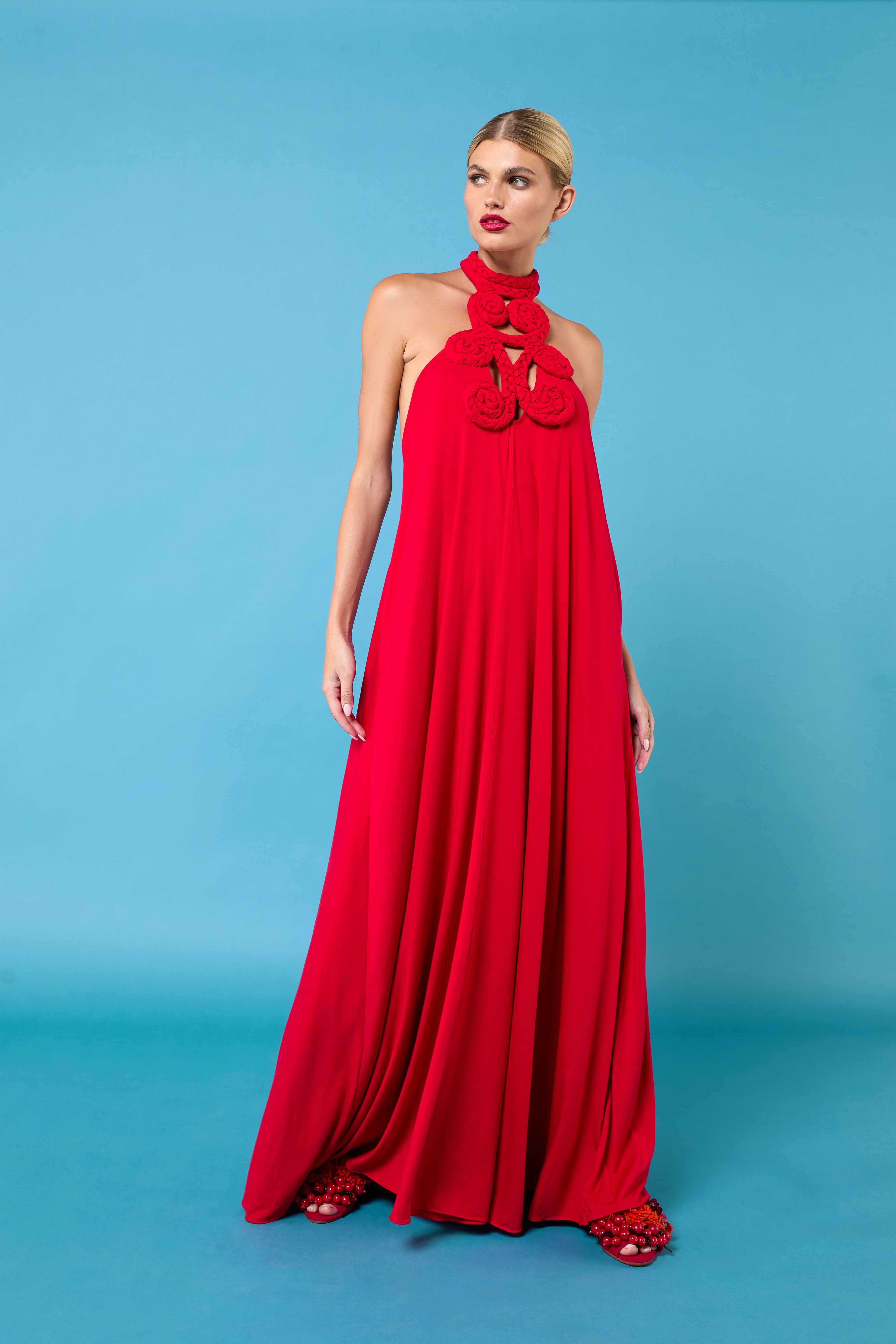 maxi dress, braided detail dress, halter neck dress, open back dress, elegant maxi dress, beach vacation dress, formal event dress, Stella signature dress, versatile maxi dress, Black maxi dress, Red maxi dress, Mocha maxi dress, Plum maxi dress, Seed Pearl maxi dress