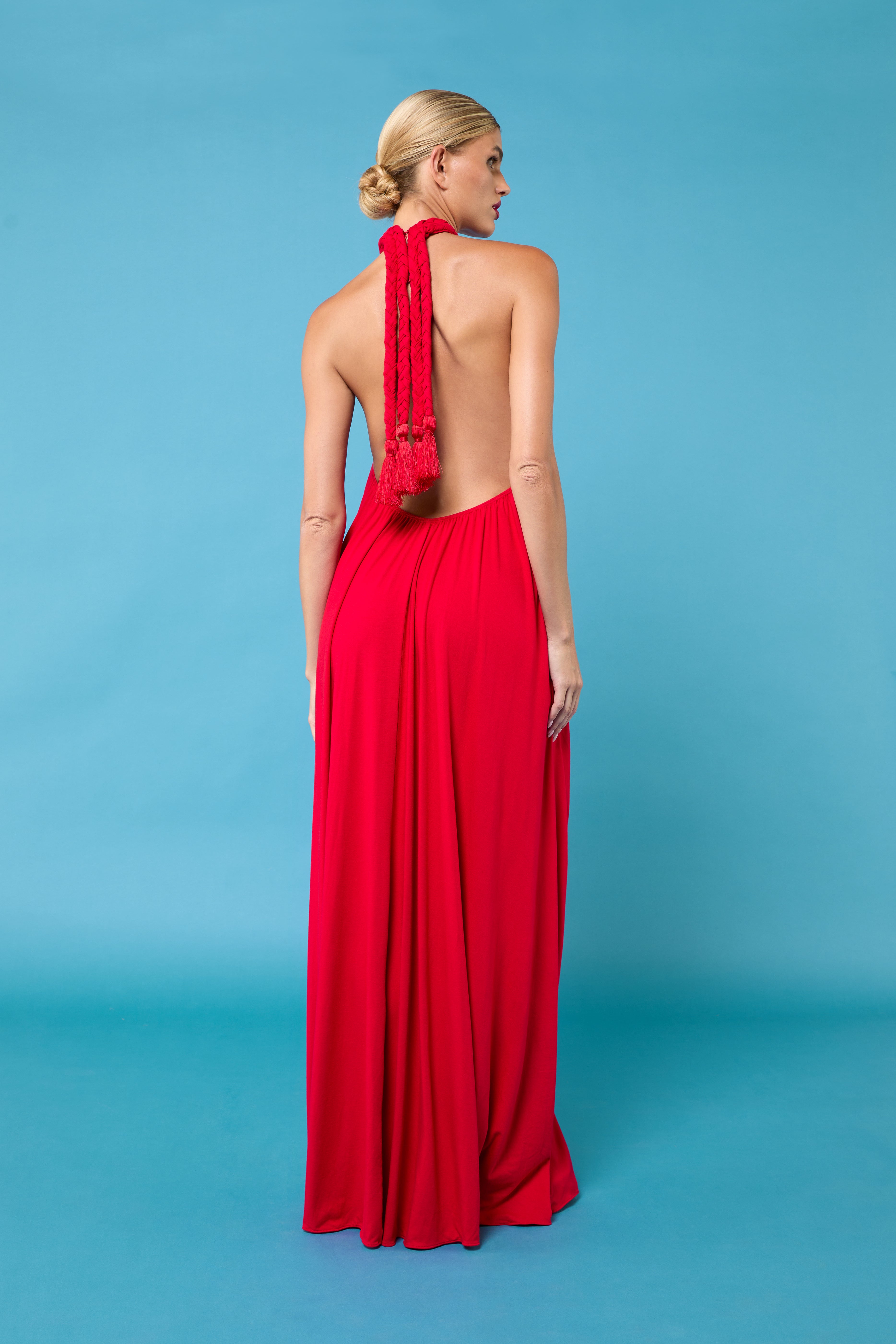 maxi dress, braided detail dress, halter neck dress, open back dress, elegant maxi dress, beach vacation dress, formal event dress, Stella signature dress, versatile maxi dress, Black maxi dress, Red maxi dress, Mocha maxi dress, Plum maxi dress, Seed Pearl maxi dress