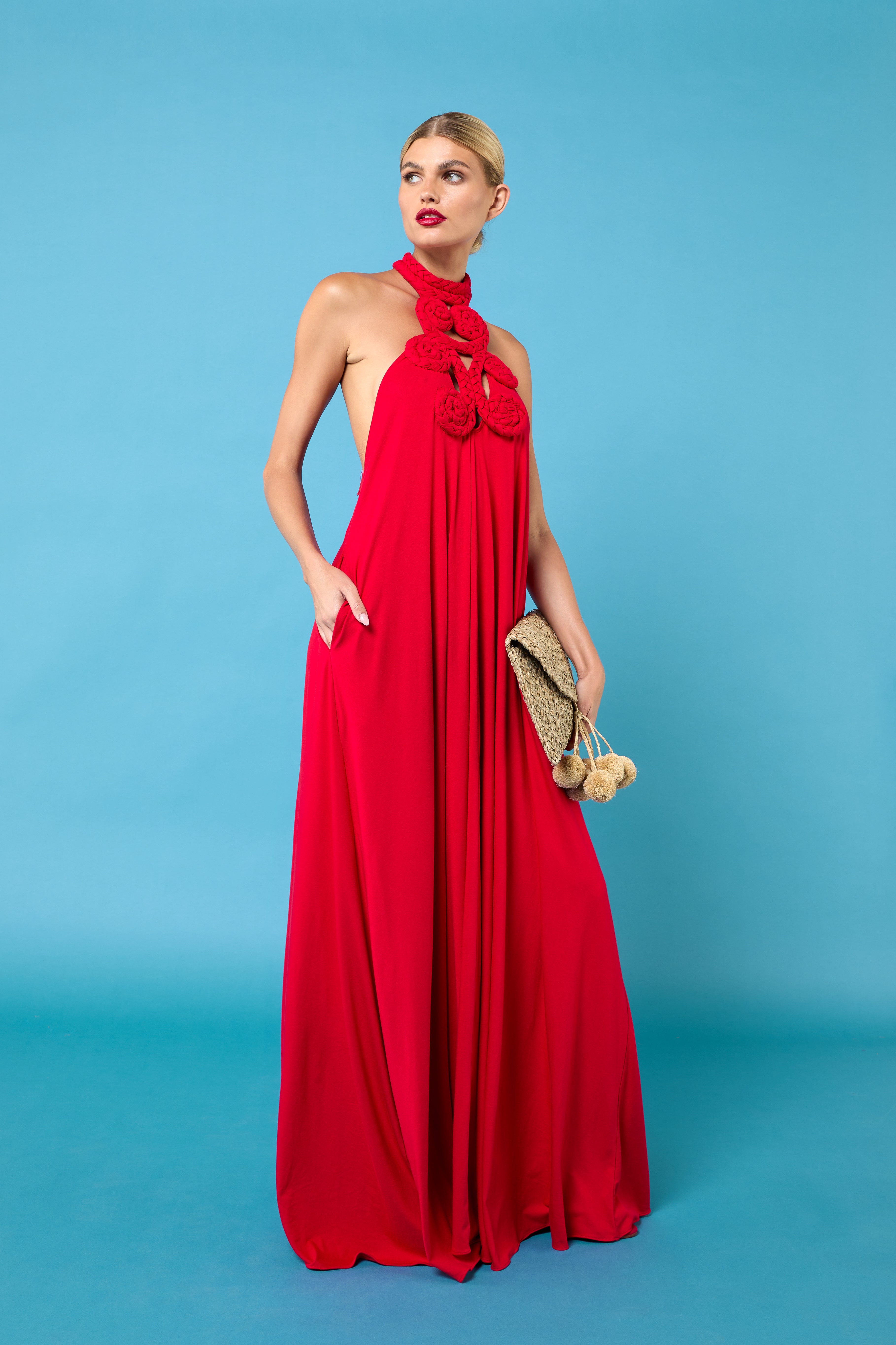 maxi dress, braided detail dress, halter neck dress, open back dress, elegant maxi dress, beach vacation dress, formal event dress, Stella signature dress, versatile maxi dress, Black maxi dress, Red maxi dress, Mocha maxi dress, Plum maxi dress, Seed Pearl maxi dress