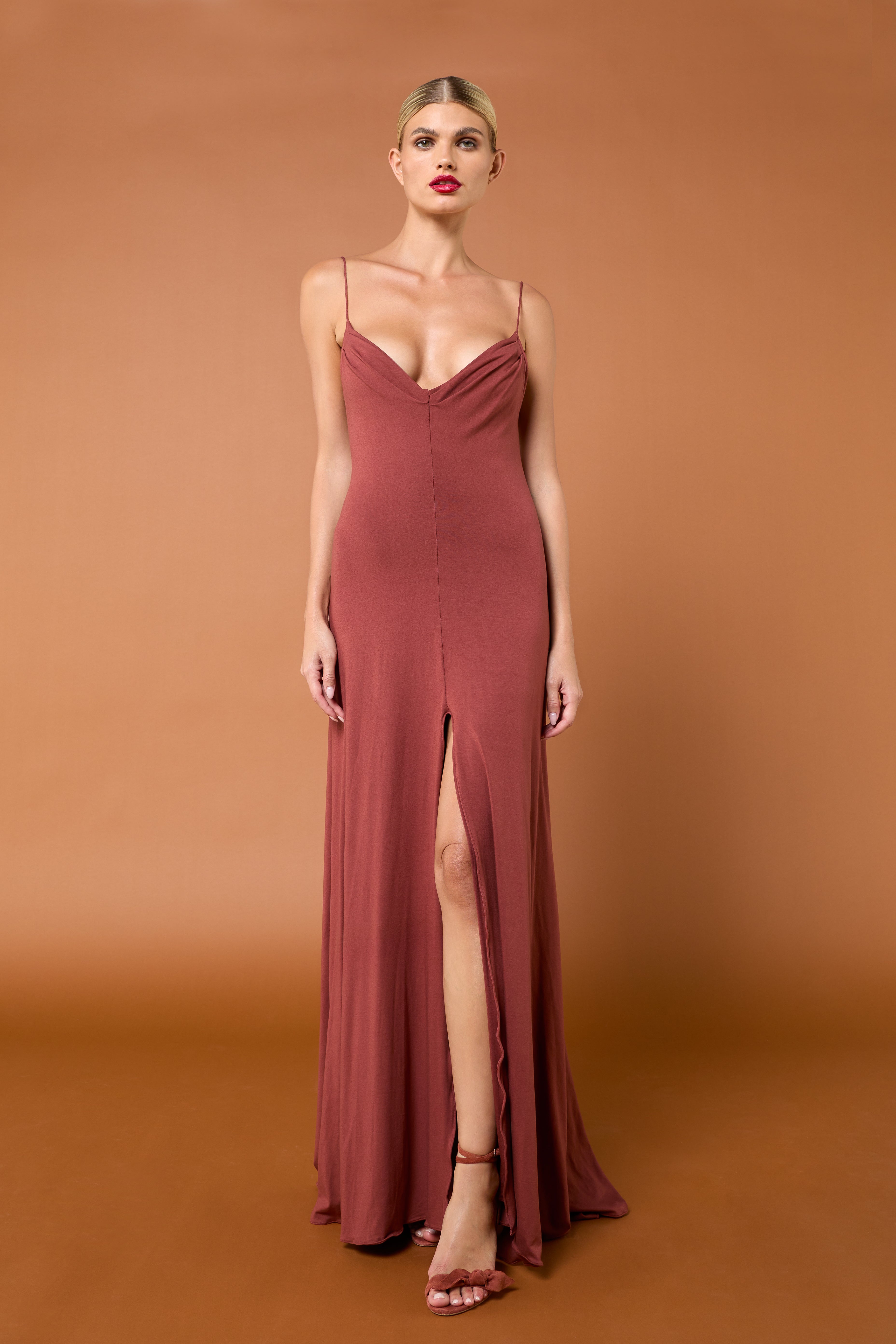 Double-Lined Dress, Soft Elegance Dress, Thigh-High Slit Dress, Open Back Dress, Fringed Bust Dress, Timeless Elegant Dress, Versatile Dress, Sexy Evening Dress, Event Dress, Black Dress, Red Dress, Mocha Dress, Alluring Dress, Head-Turning Dress, Comfort and Style Dress, Luxury Dress