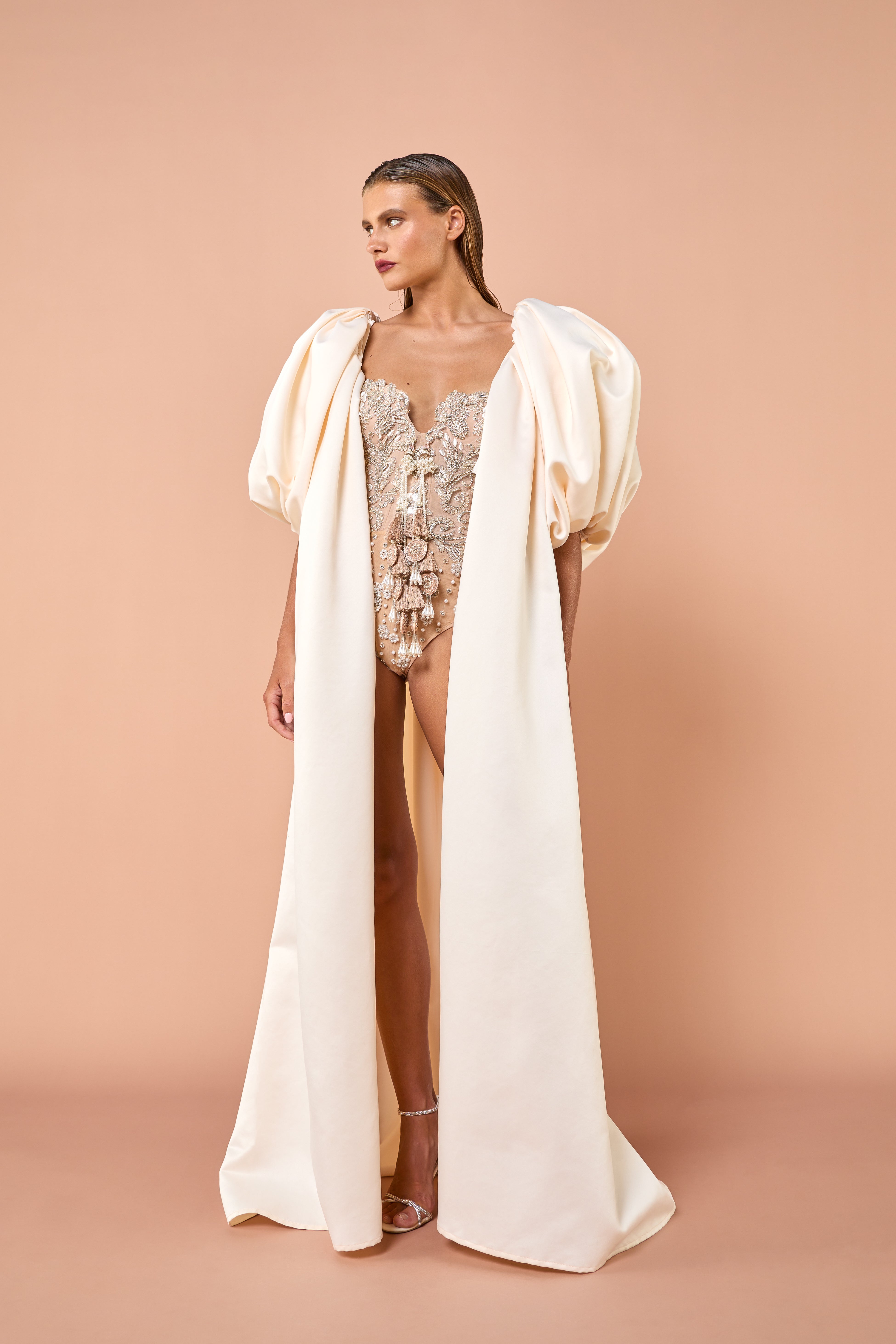 ivory gown cape, dramatic cape, elevated shoulders, exaggerated shoulders, elegant cape, special occasion cape, versatile cape, ivory cape, sophisticated cape, bold statement cape, elegant gown accessory, gown cape with shoulders, luxury cape, stylish cape, grand cape