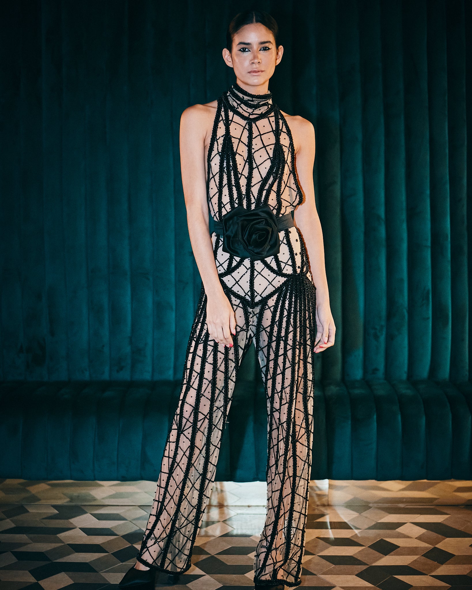 Pura Stella jumpsuit, Alta Costura 2023 Collection, nude mesh jumpsuit, black pearls and feathers, luxury jumpsuit, one-of-a-kind jumpsuit, limited edition fashion, made-to-order jumpsuit, high fashion jumpsuit, elegant jumpsuit, unique mesh design, exclusive jumpsuit