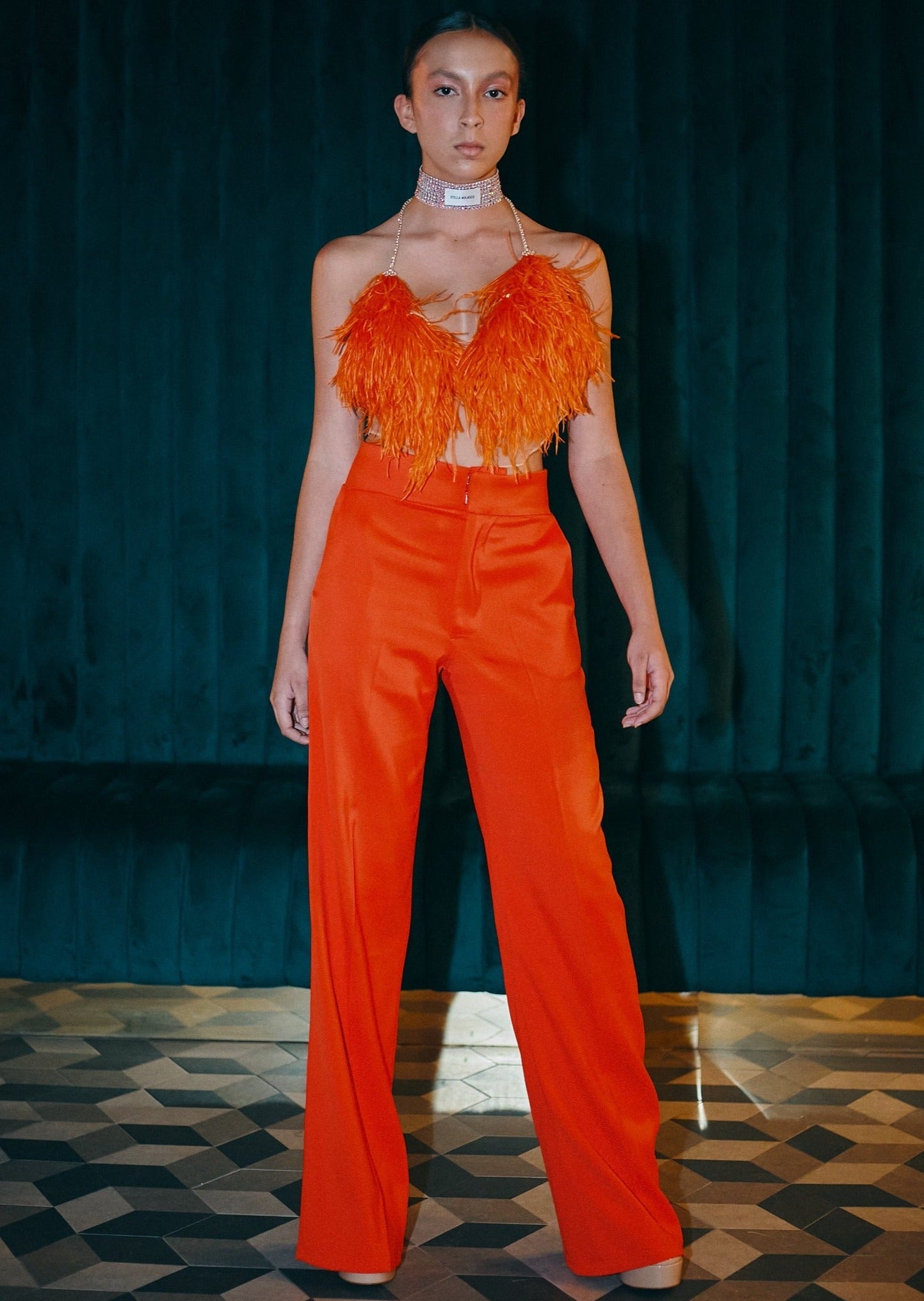 Look 22: Pura Stella - Limited Orange Cropped Top Made with Ostrich Feathers
