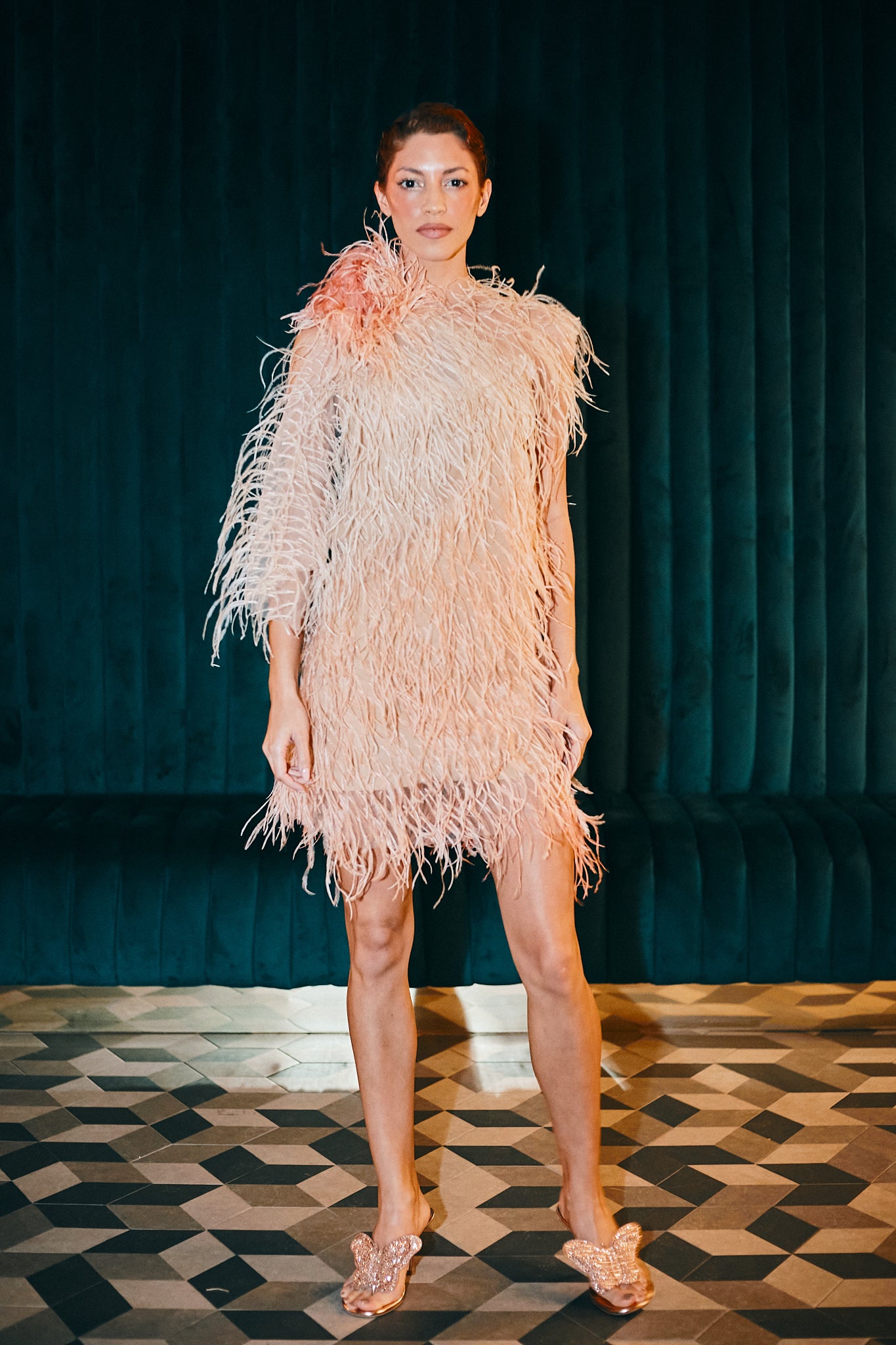 Pinks & Corals Ostrich Feathers Dress - Pura Stella