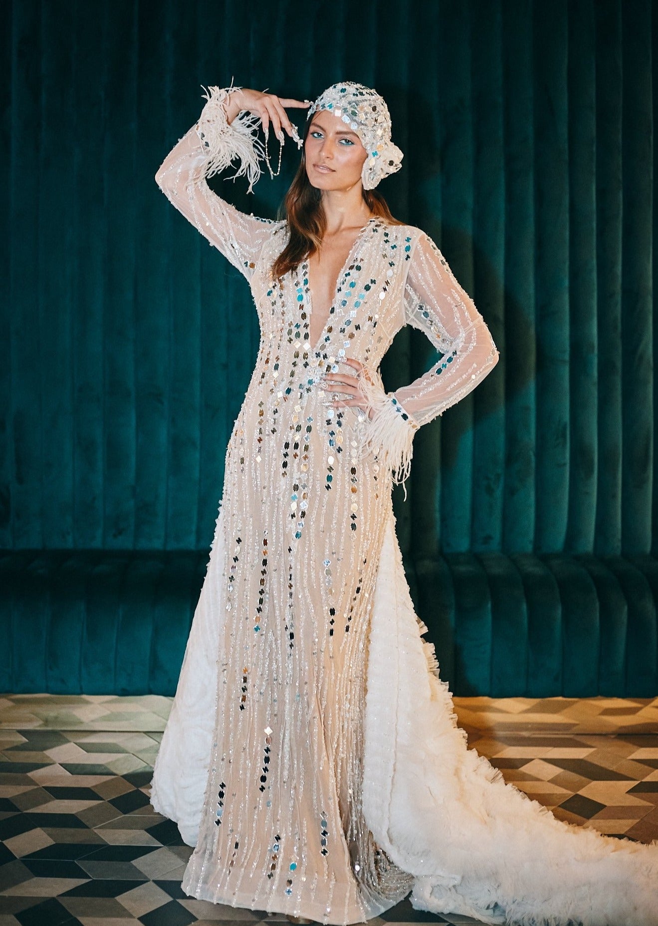 Finale Gown, 2023 Couture Pura Stella Collection, alta costura gown, handcrafted Puerto Rico, hand-made embroidery, ostrich feathers, luxurious fabric, fully lined gown, limited edition dress, made-to-order gown, elegant eveningwear, high-fashion gown, bespoke couture dress