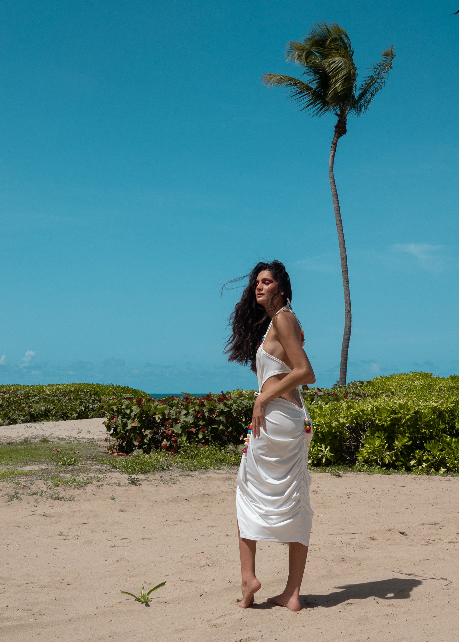 AKA Cutout Halter Dress - Cloud White and Color Beads