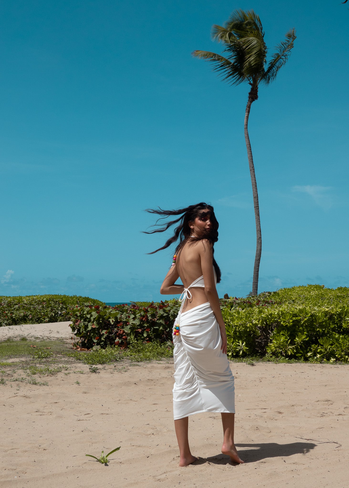 AKA Cutout Halter Dress - Cloud White and Color Beads