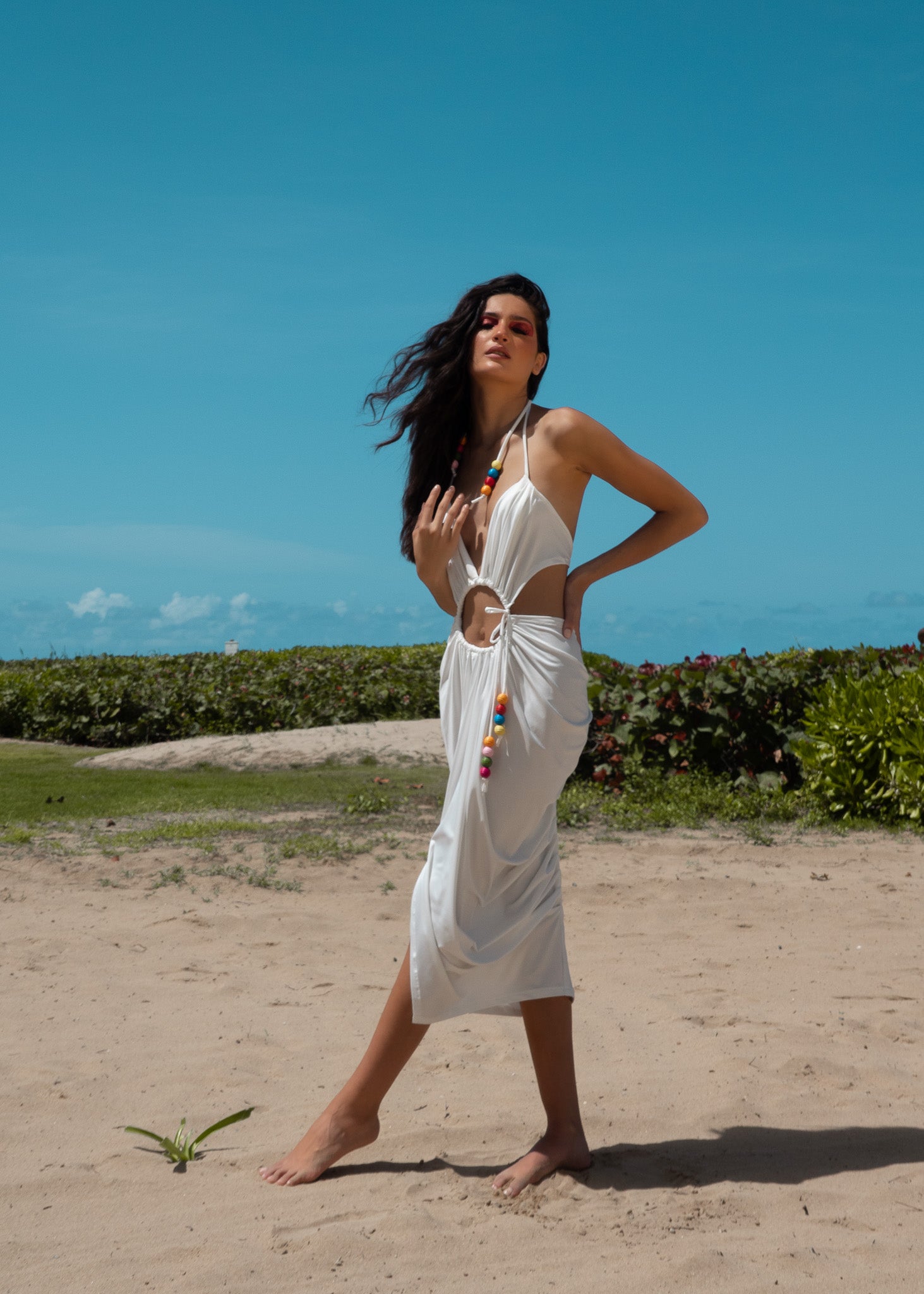 AKA Cutout Halter Dress - Cloud White and Color Beads