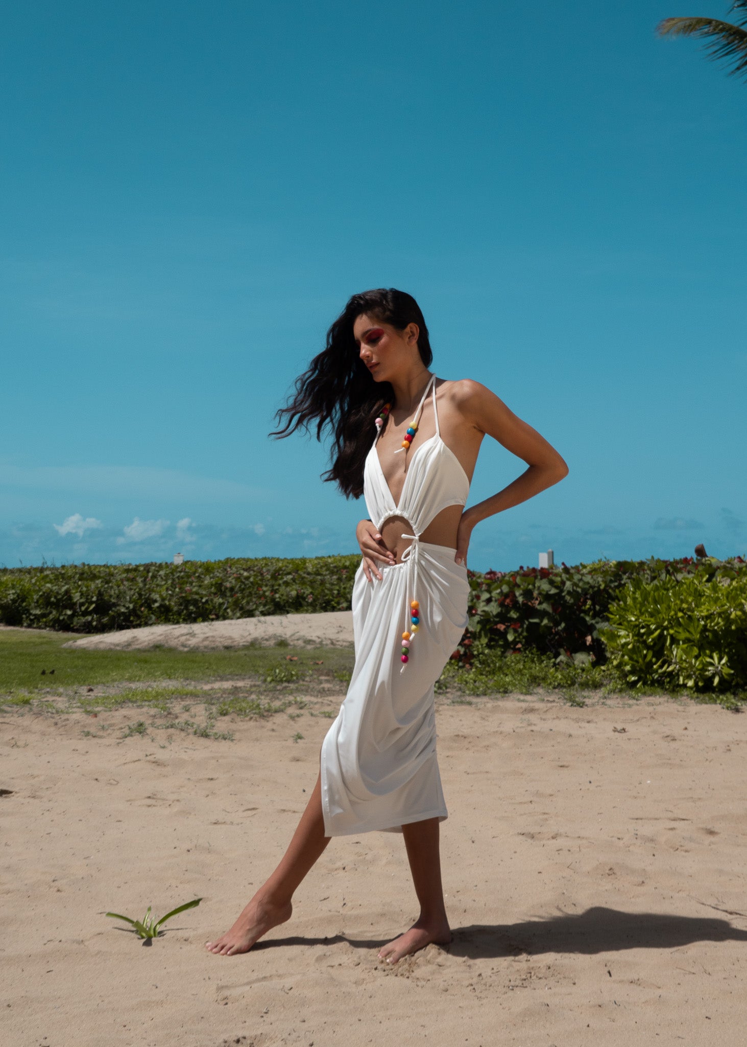 AKA Cutout Halter Dress - Cloud White and Color Beads