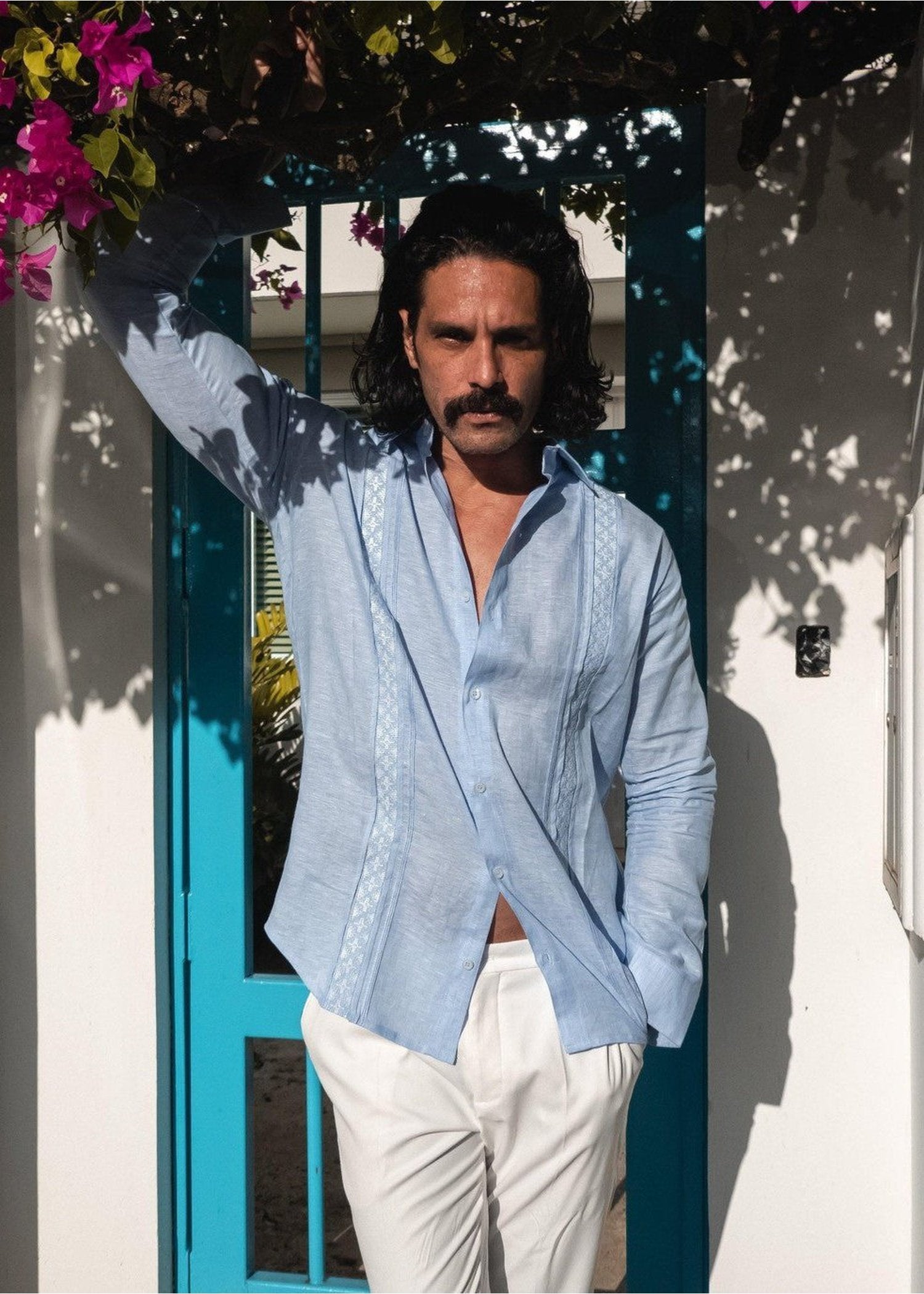 San Miguel Long Sleeve Guayabera Shirt, 100% Italian Linen shirt, classic Latin-inspired shirt, white guayabera with embroidery, embroidered guayabera, elegant long sleeve shirt, breathable linen guayabera, versatile guayabera shirt, sophisticated guayabera design