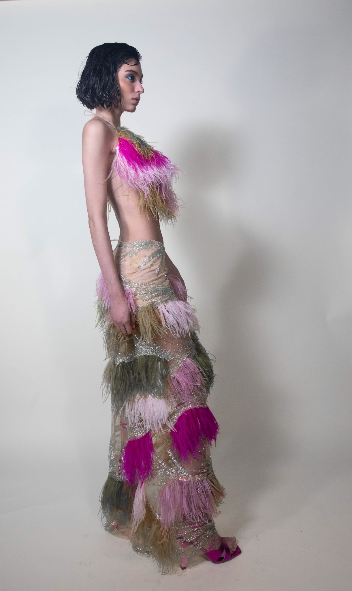 Color-block Ostrich Feathers Cropped Top and Maxi Skirt Set - Pura Stella
