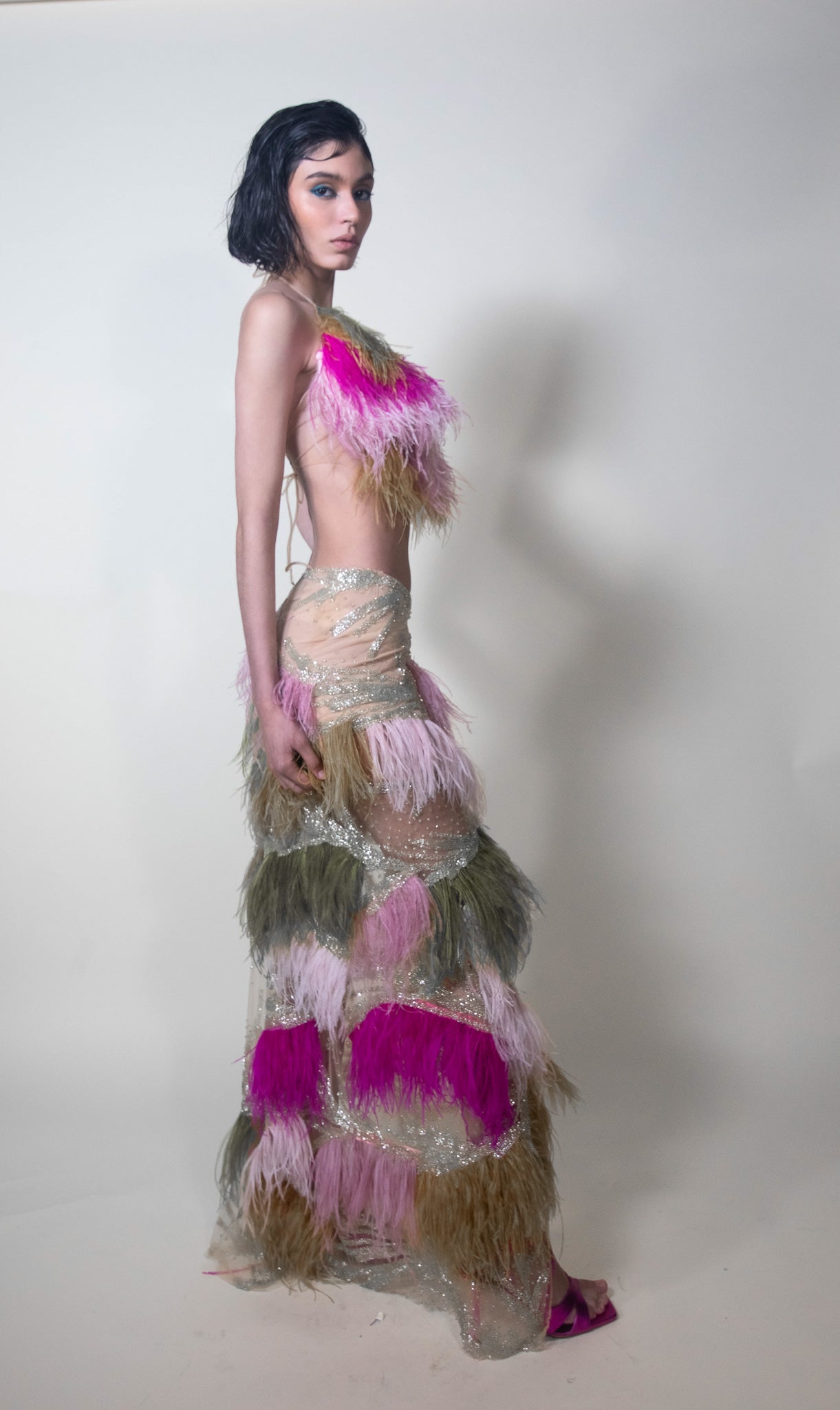 Color-block Ostrich Feathers Cropped Top and Maxi Skirt Set - Pura Stella