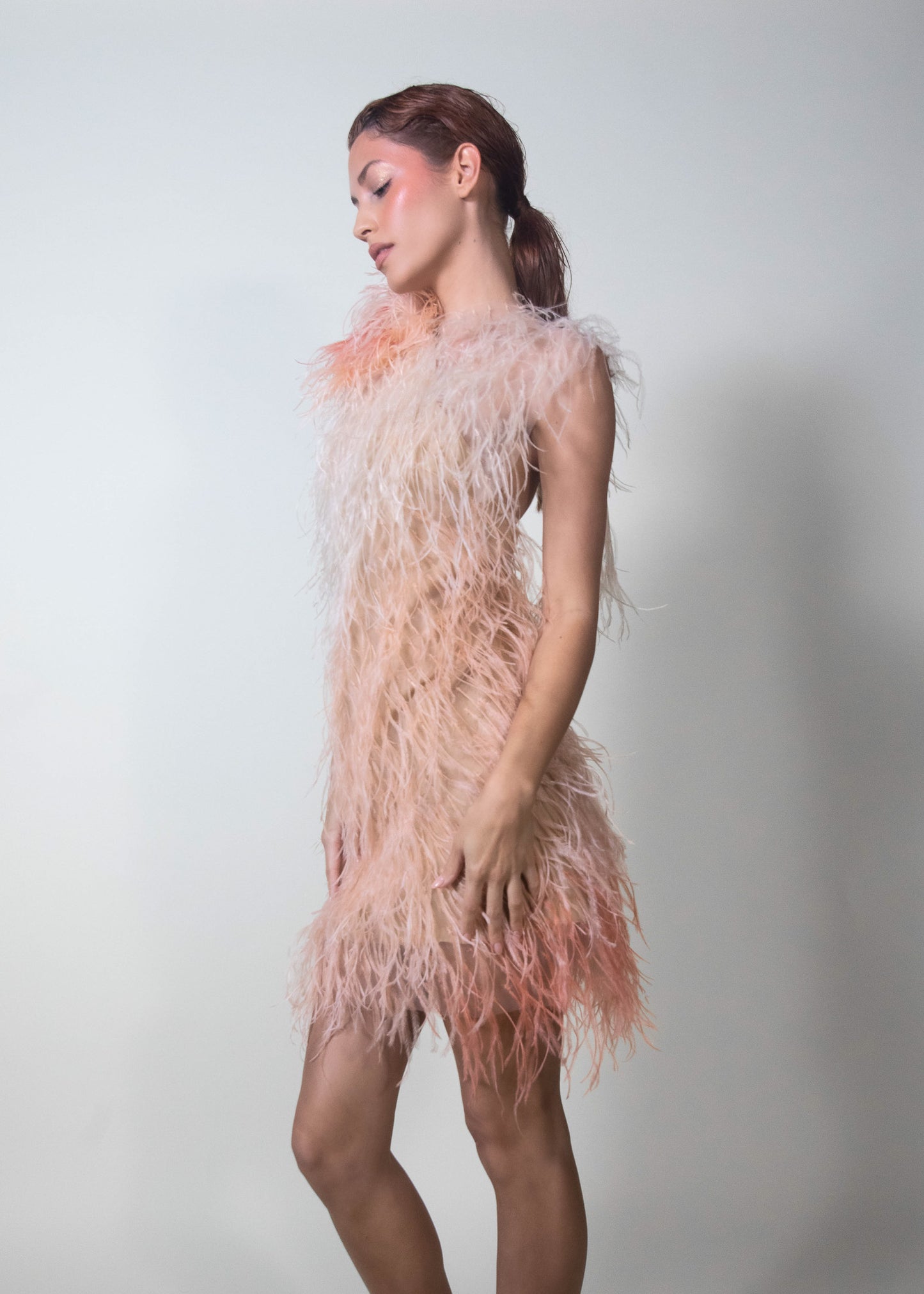 Pinks & Corals Ostrich Feathers Dress - Pura Stella