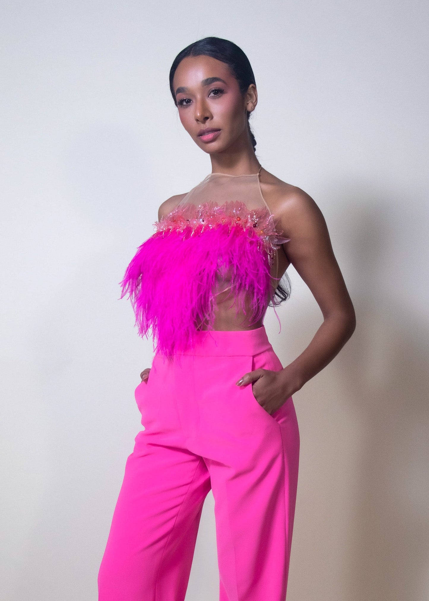 Look 33: Pura Stella - Limited Magenta Cropped Top Made with Ostrich Feathers