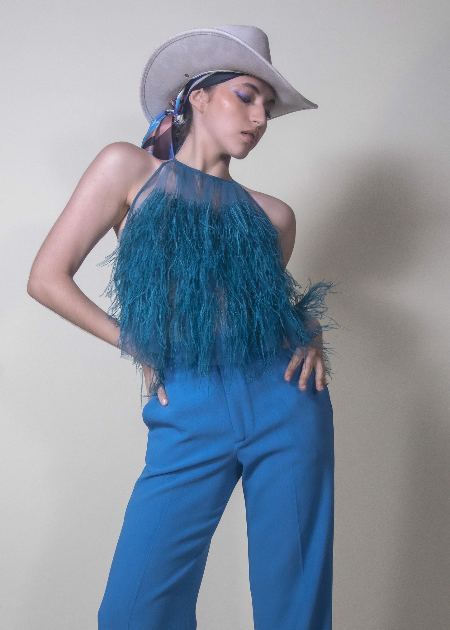 Look 11 - Limited Indigo Ostrich Feathers Top - Pura Stella