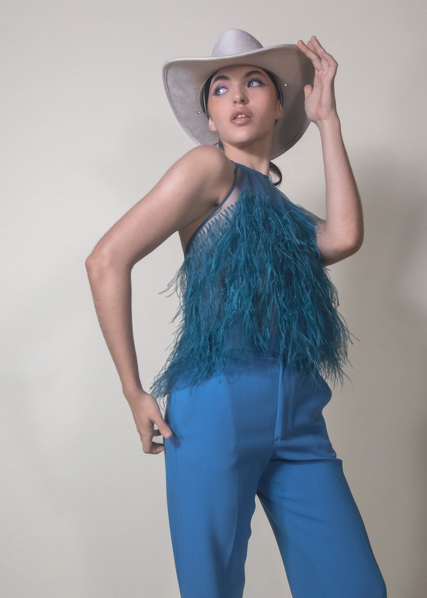 Look 11 - Limited Indigo Ostrich Feathers Top - Pura Stella