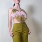 Look 28: Pura Stella - Limited Olive Green and Pink Cropped Top Made with Ostrich Feathers