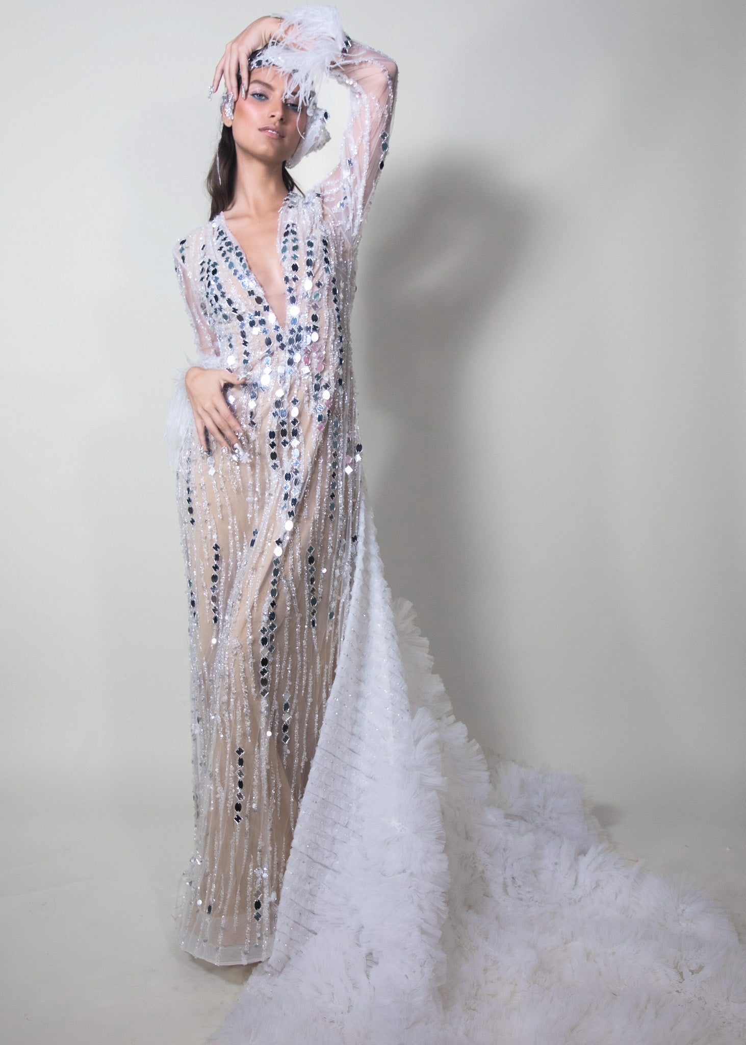 Finale Gown, 2023 Couture Pura Stella Collection, alta costura gown, handcrafted Puerto Rico, hand-made embroidery, ostrich feathers, luxurious fabric, fully lined gown, limited edition dress, made-to-order gown, elegant eveningwear, high-fashion gown, bespoke couture dress