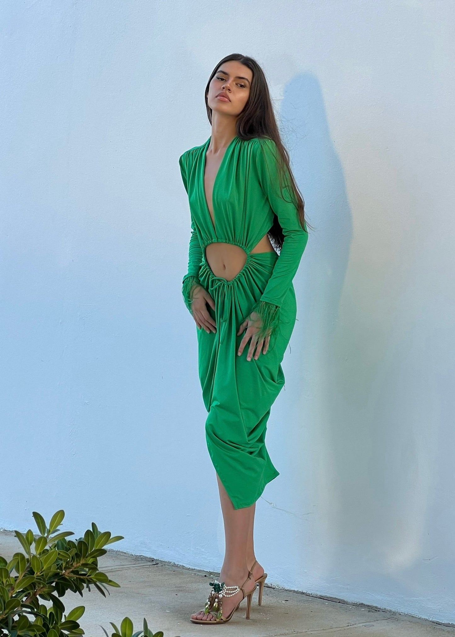 Ariana's Long Sleeve Dress with Feathers- Emerald Green